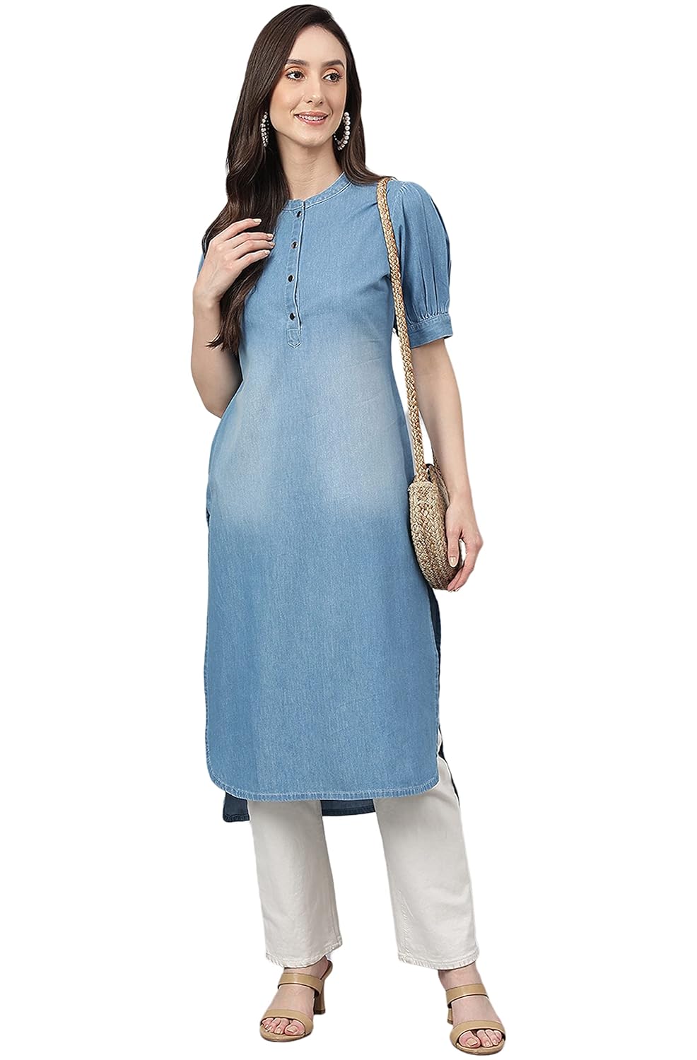Janasya Women's Light Blue Denim Solid High Low Kurta