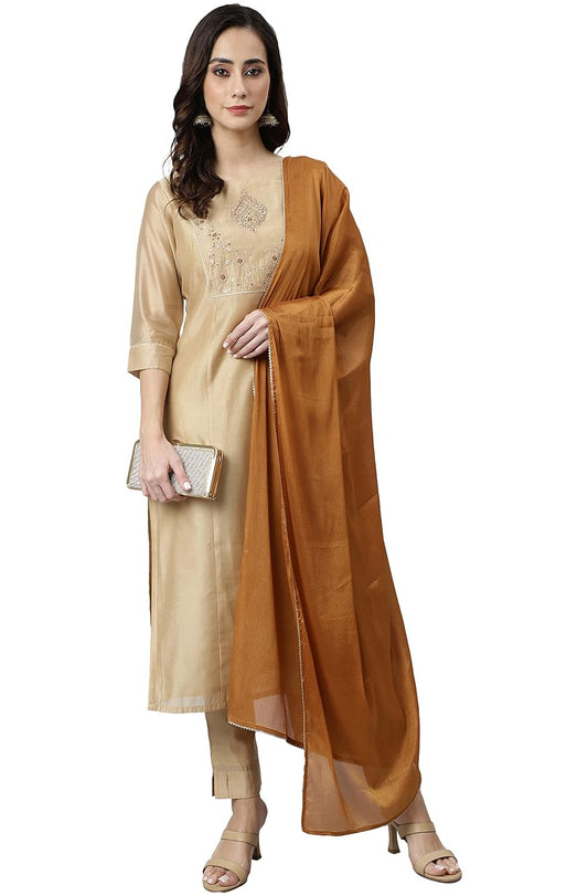 Janasya Women's Beige Chanderi Silk Solid Kurta with Pant and Dupatta - L