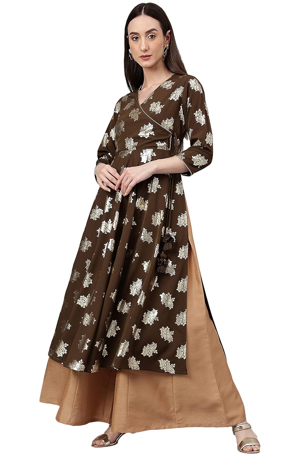 Janasya Women's Olive Crepe Foil Print Angrakha Kurta