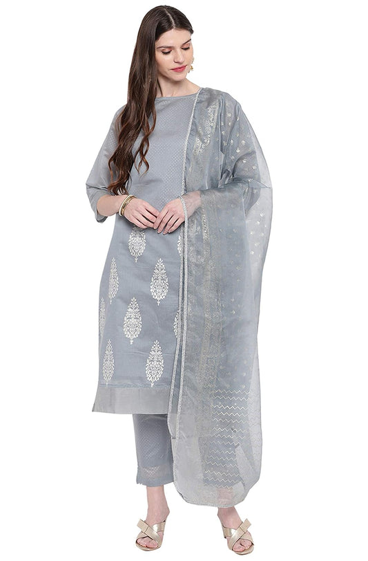 Janasya Women's Grey Poly Chanderi Kurta With Pant and Dupatta
