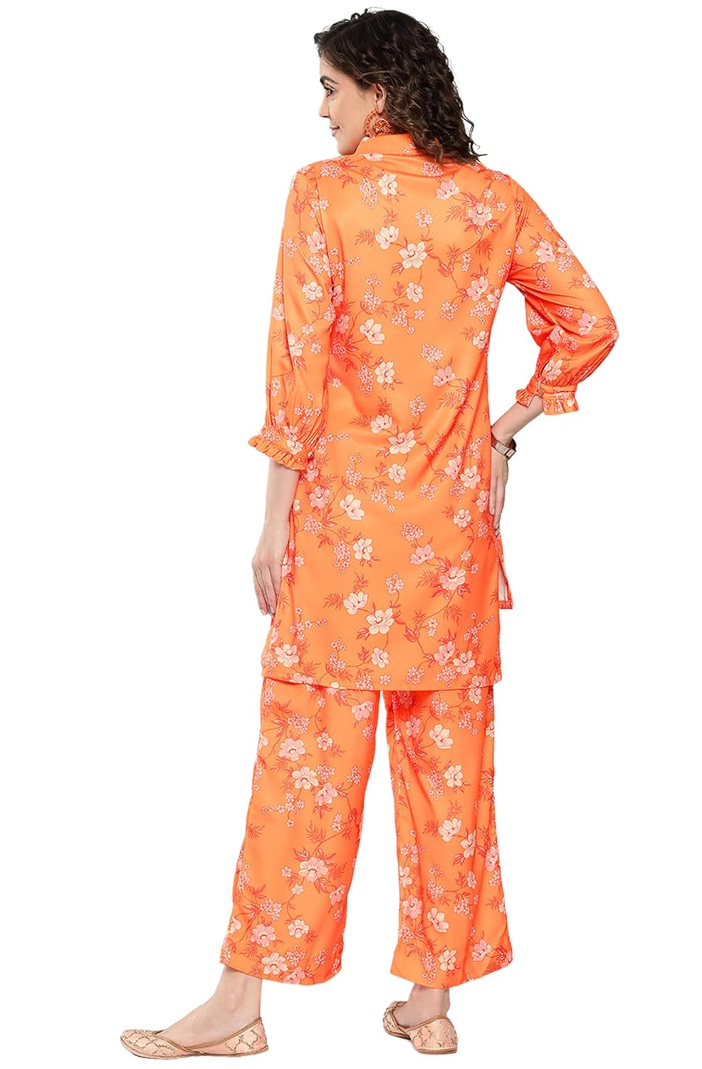 Janasya Women's Orange Moss Digital Floral Printed Co-ords Set