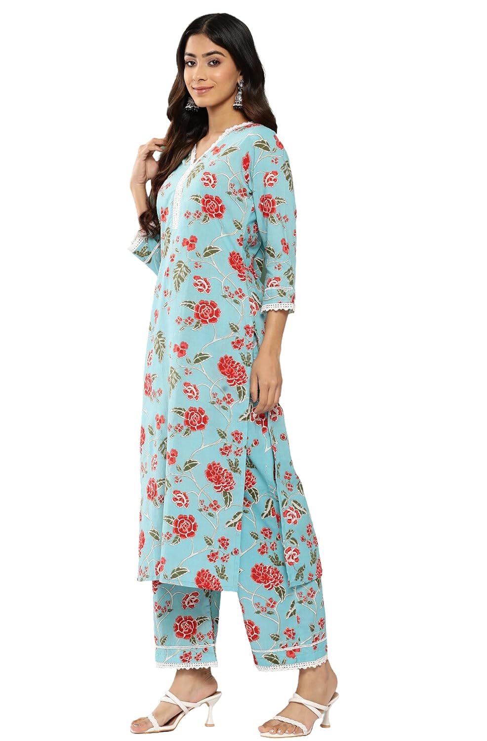 Janasya Women's Sky Blue Cotton Floral Printed Co-ords Set