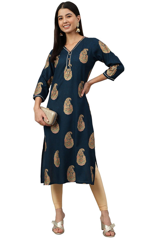 Janasya Women's Teal Blue Rayon Paisley Foil Print Straight Kurta