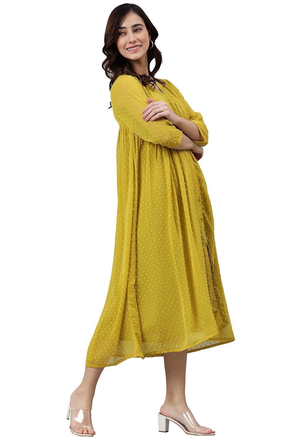 Janasya Women's Mustard Poly Chiffon Self Design Frontslit Dress