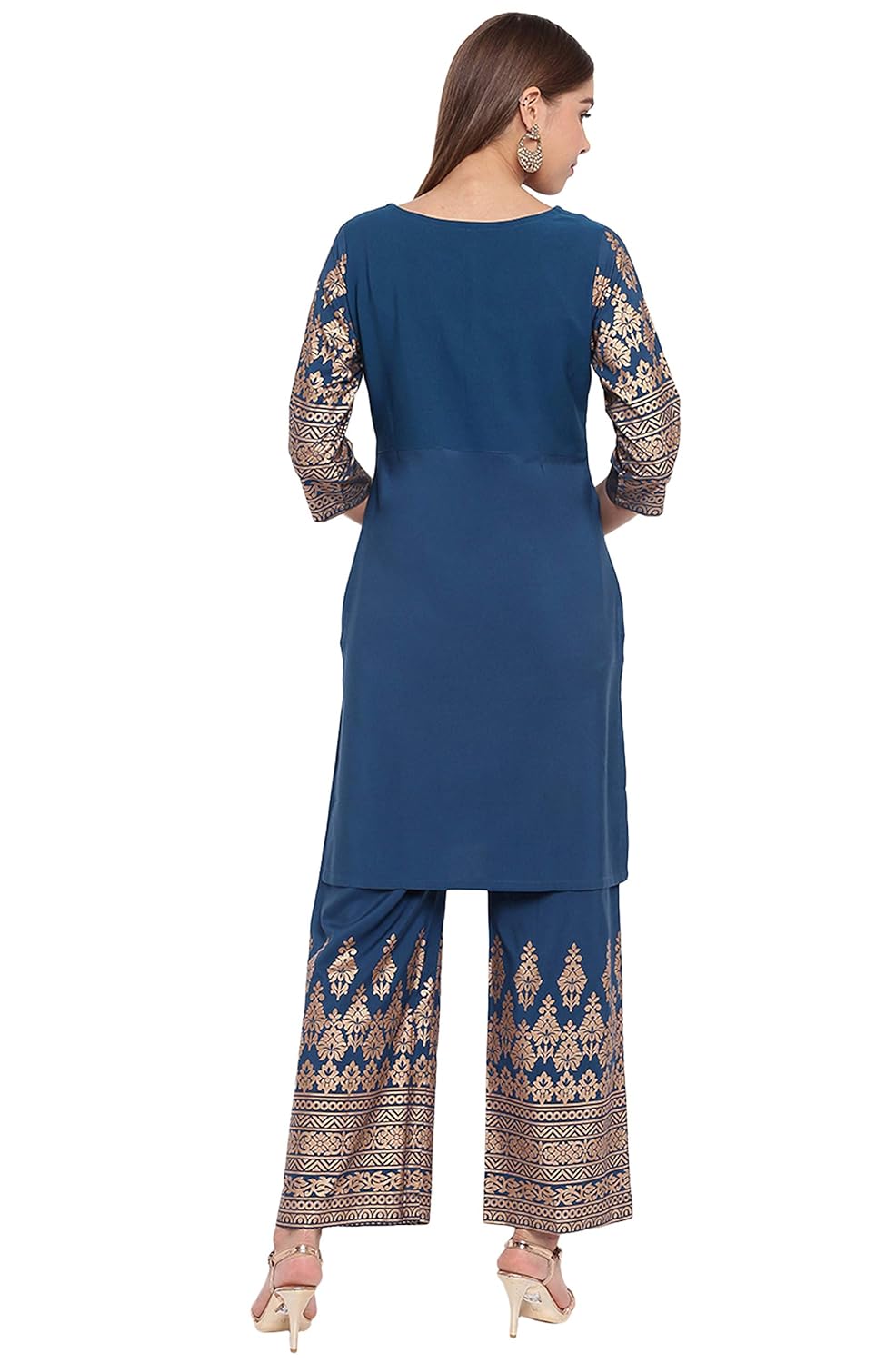 Janasya Women's Teal Poly Crepe Kurti with Palazzo