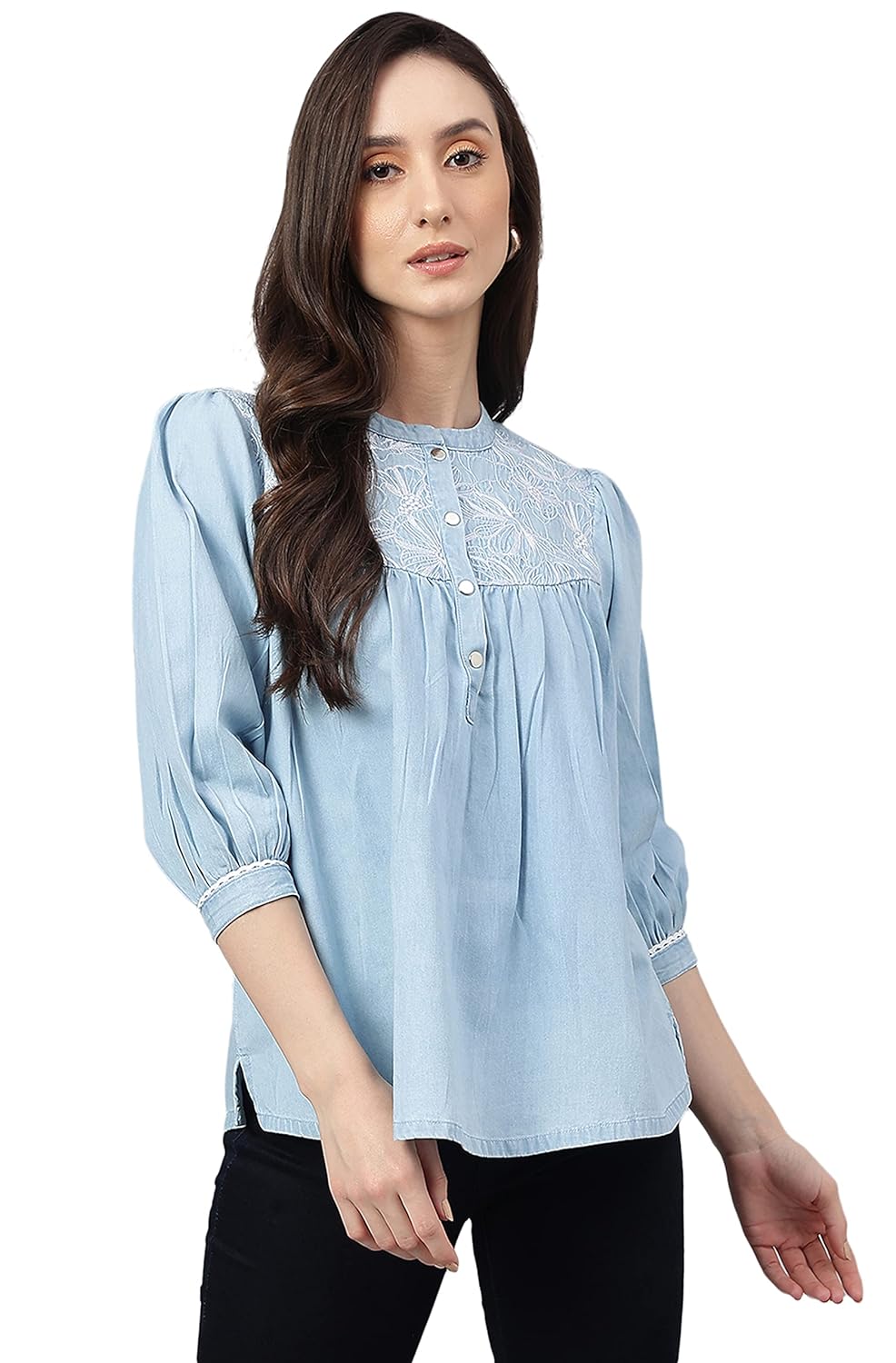 Janasya Women's Light Blue Denim Embroidered Flared Top