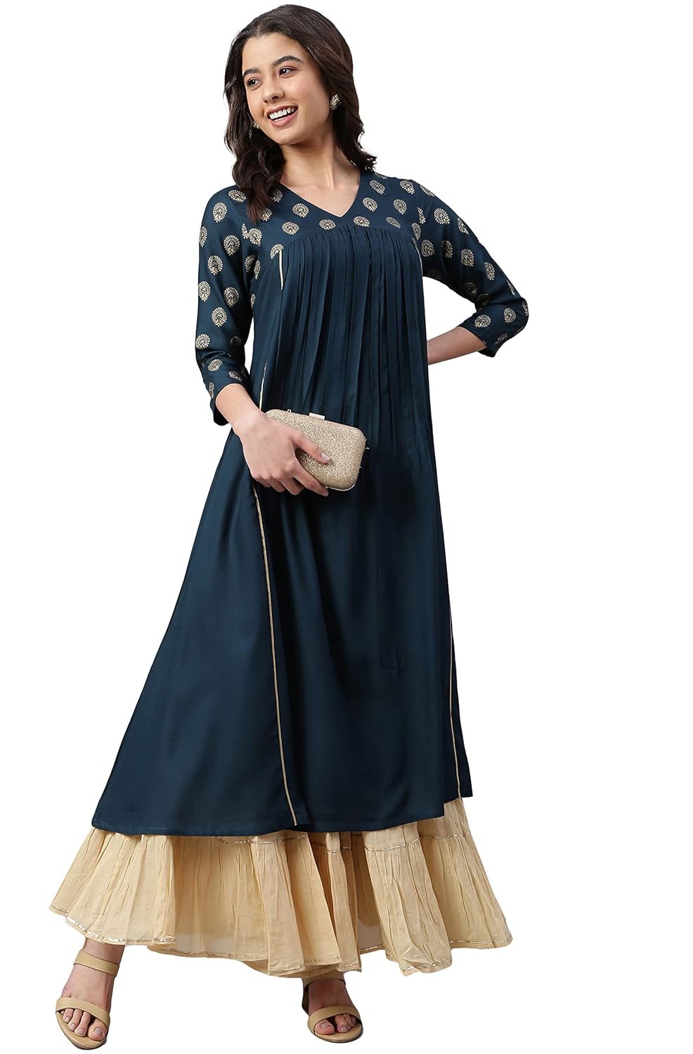 Janasya Women's Teal Rayon Solid A-line Kurta