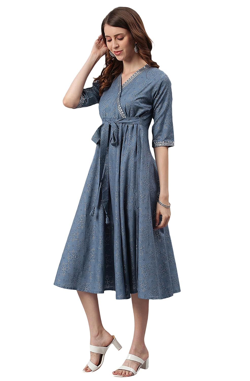 Janasya Women's Blue Cotton Flex Ethnic Dress