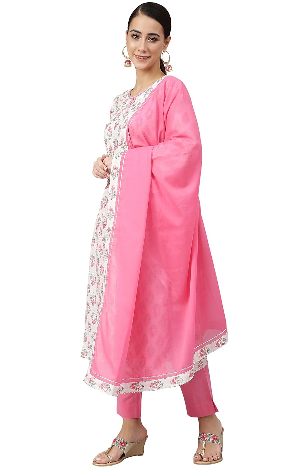 Janasya Women's Off White Cotton Floral Print Kurta with Pant and Dupatta