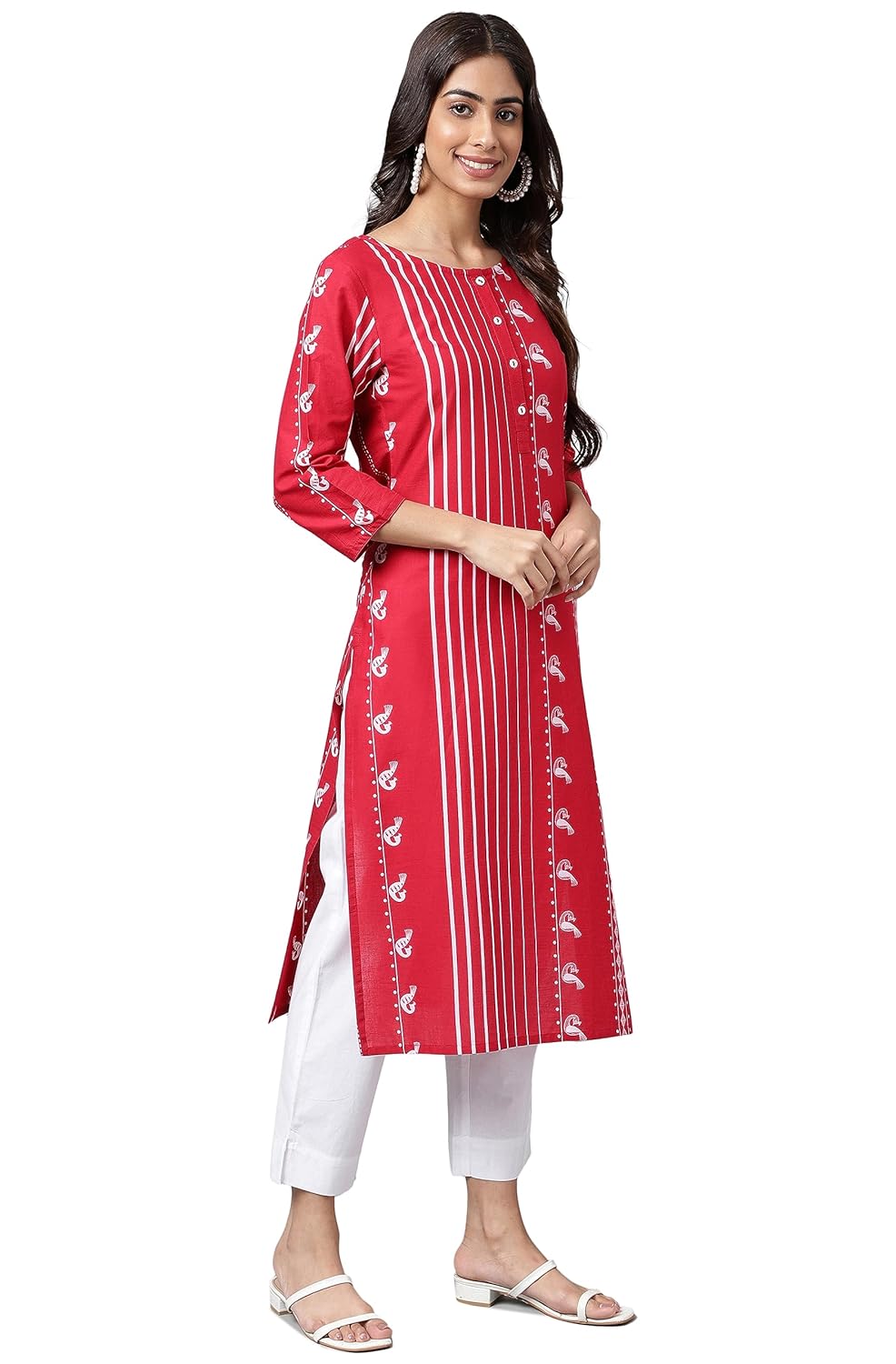 Janasya Women's Red Cotton Ethnic Motif Printed Straight Kurta