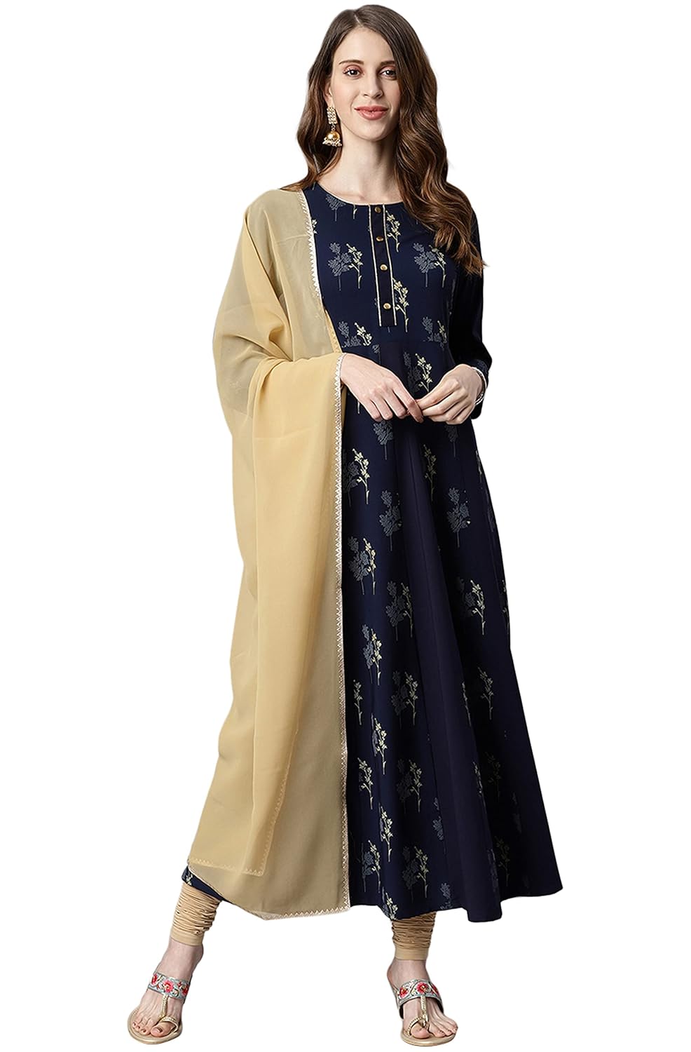 Janasya Women's Navy Blue Poly Crepe Kurta with Dupatta - M