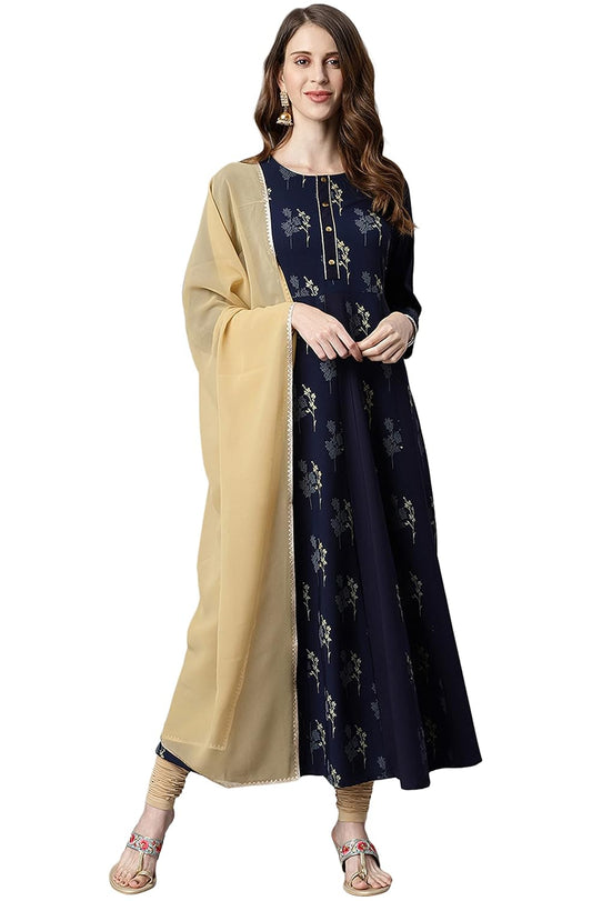 Janasya Women's Navy Blue Poly Crepe Kurta with Dupatta - M