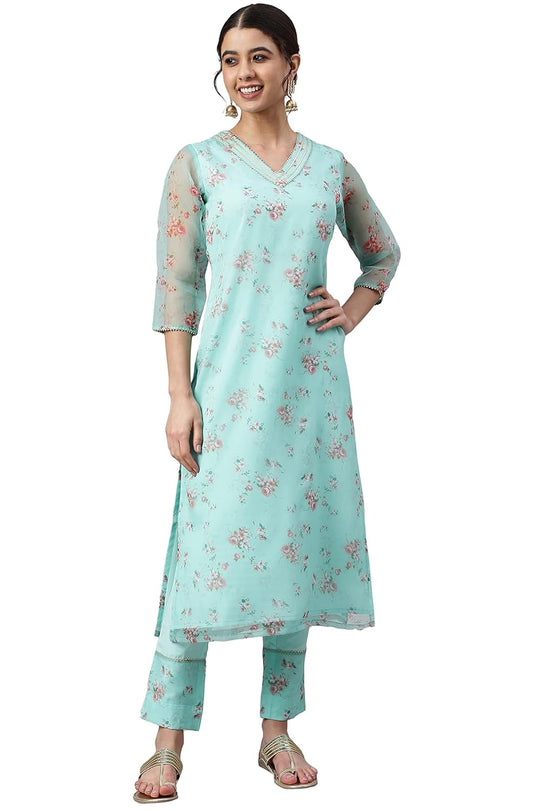 Janasya Women's Sea Green Organza Floral Print Kurta with Pant