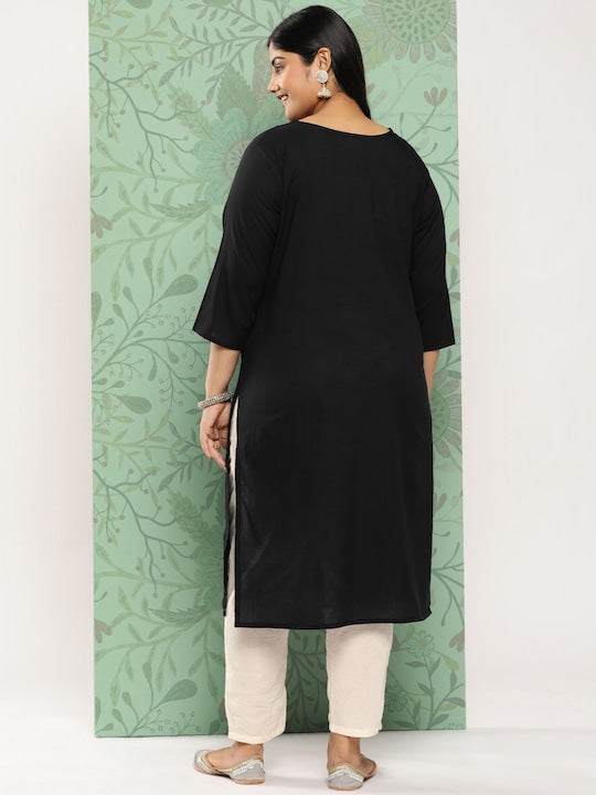 Yufta Women Plus Size Floral Embroidered Straight Kurta