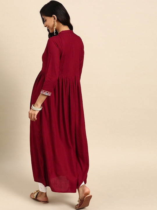 All about you Maroon Floral Yoke Designed Mandarin Collar Cotton Anarkali Kurta