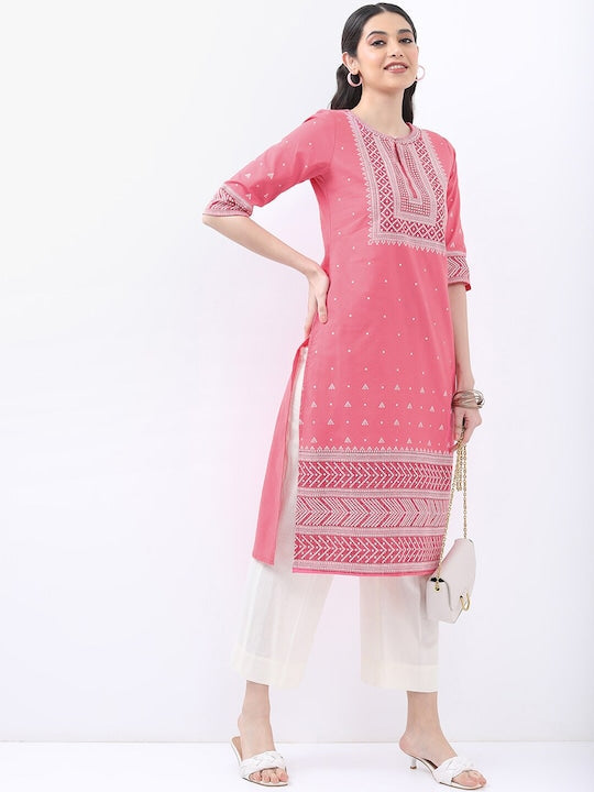Vishudh Keyhole Neck Ethnic Motifs Printed Straight Cotton Kurta
