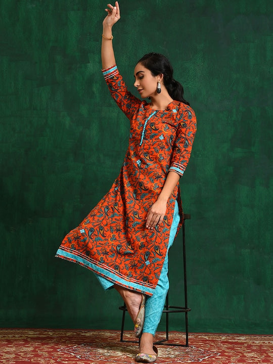 AKS Floral Printed Gotta Patti Pure Cotton Kurta with Trousers