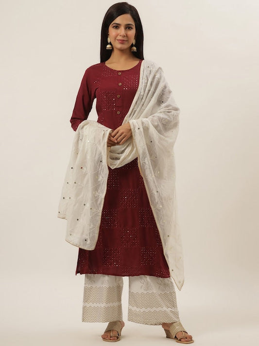 Yufta Women Maroon Embroidered Panelled Sequinned Kurti with Trousers & With Dupatta