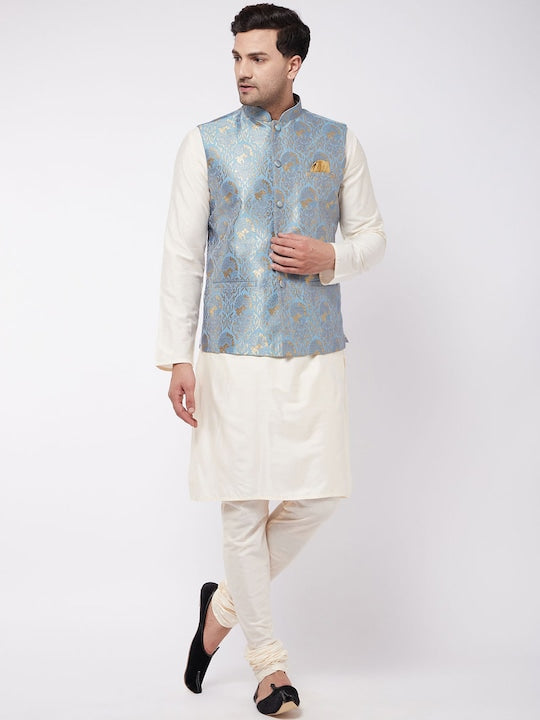 Vastramay Men Cream-Coloured Kurta with Pyjamas With Nehru Jacket