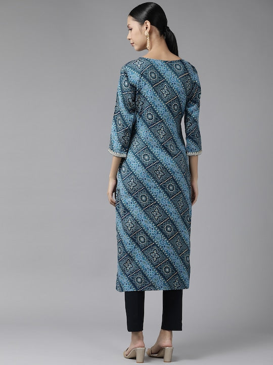 Yufta Women Blue Bandhani Printed Gotta Patti Kurta