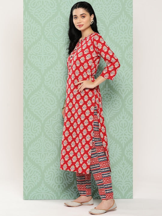 Yufta Floral Printed Regular Sequinned Pure Cotton Kurta with Trousers & With Dupatta