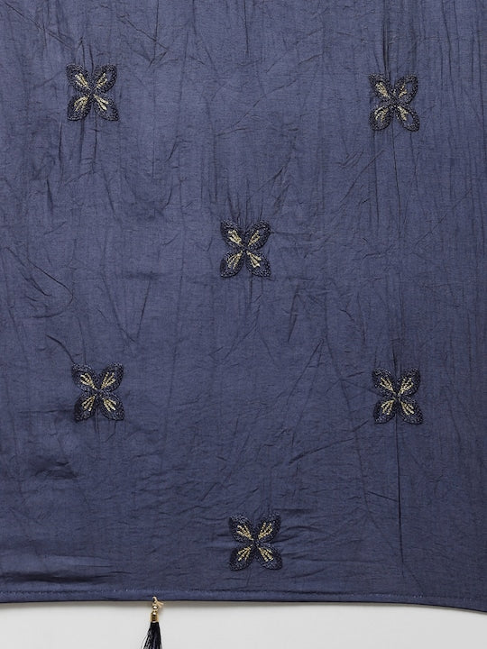 Yufta Women Beige & Navy Blue Printed Pure Cotton Kurta with Palazzos & Dupatta