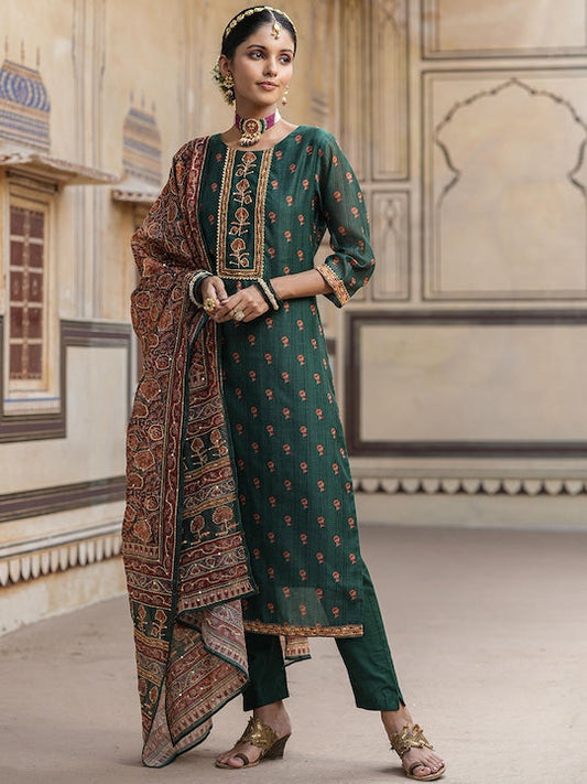 Scakhi Ethnic Motifs Embroidered Chanderi Silk Kurta With Trousers & Dupatta