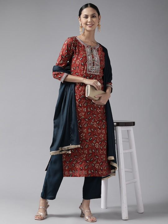 Yufta Women Rust Floral Yoke Design Thread Work Kurta with Trousers & With Dupatta