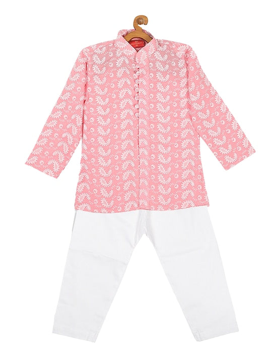 Vastramay Sishu Boys Pink Paisley Embroidered Chikankari Pure Cotton Kurta with Pyjama