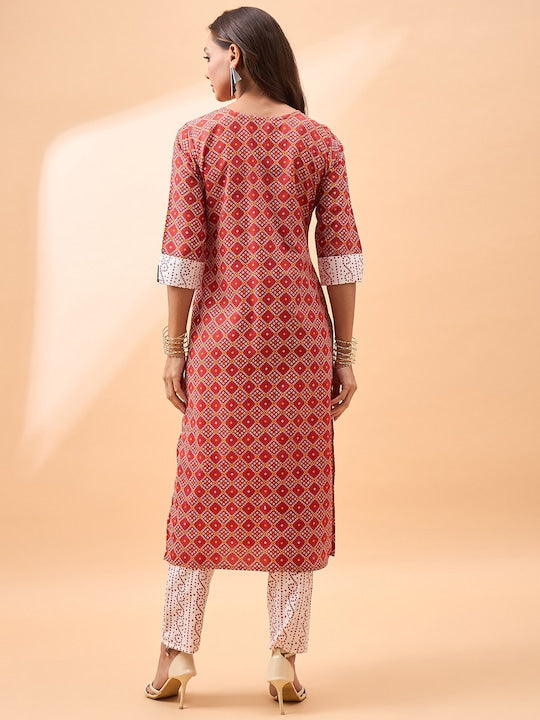 All about you Bandhani Printed V-Neck Regular Straight Kurta With Trousers