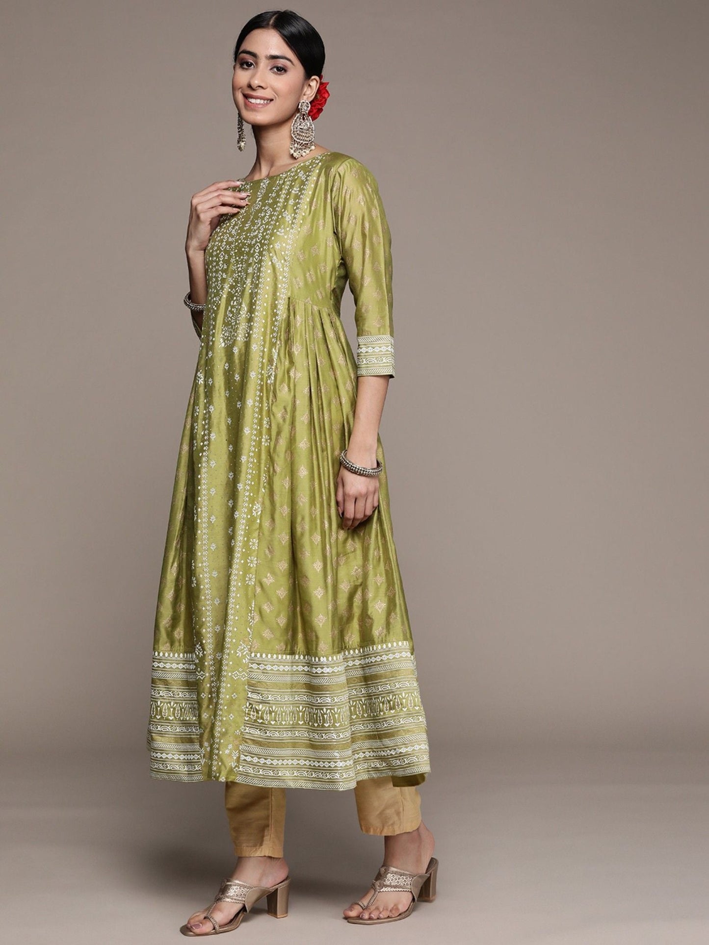 ISHIN Womens Silk Blend Green Embellished Anarkali Kurta