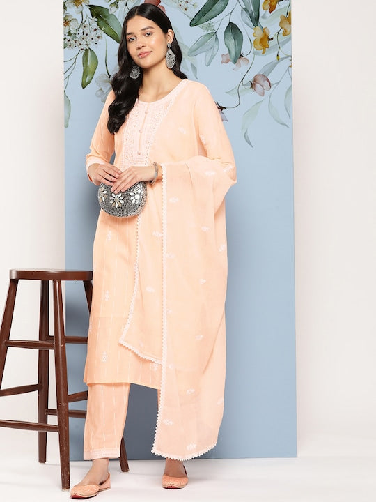 Yufta Ethnic Motifs Embroidered Sequinned Pure Cotton Kurta With Trousers & Dupatta