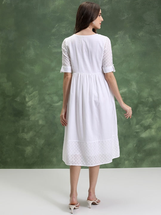 Vishudh Floral Embroidered V-Neck Cuffed Sleeves Gathered Detail A-Line Dress