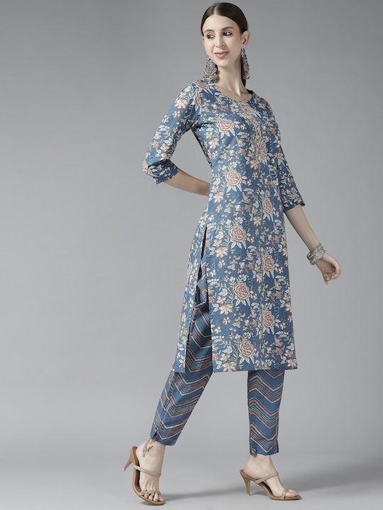 Yufta Women Blue Floral Printed Sequinned Pure Cotton Kurta with Trousers & With Dupatta