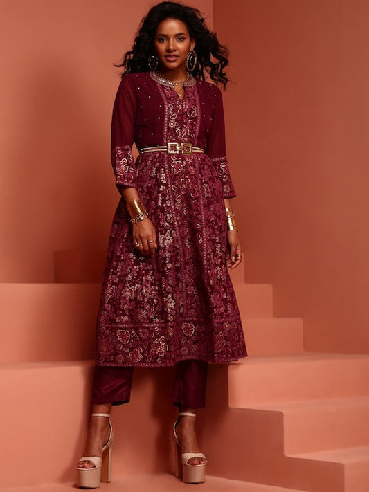 IMARA Ethnic Motifs Printed Mandarin Collar A-Line Kurta With Trousers