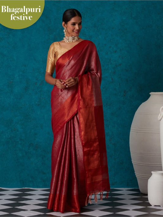 Likha Red Linen Woven Bhagalpuri Festive Zari Saree & Unstitched Blouse LIKSAR53 (Free Size)