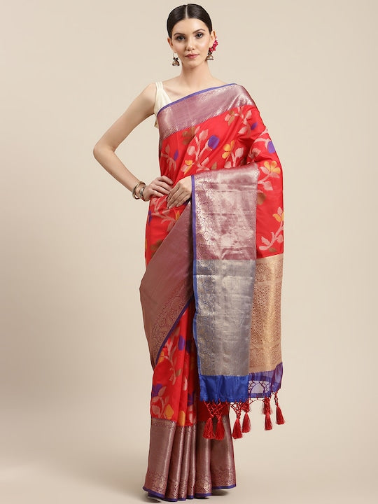 Silk Land Red Floral Woven Design Zari Ikat Saree