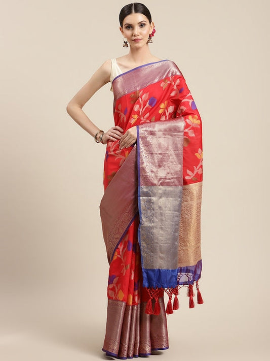 Silk Land Red Floral Woven Design Zari Ikat Saree