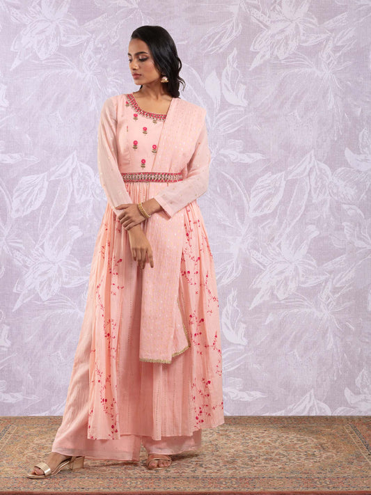 Likha Filigree Pink Mirror Work Kurta, Palazzo, Dupatta & Belt LIKSKD113 (Set of 4)