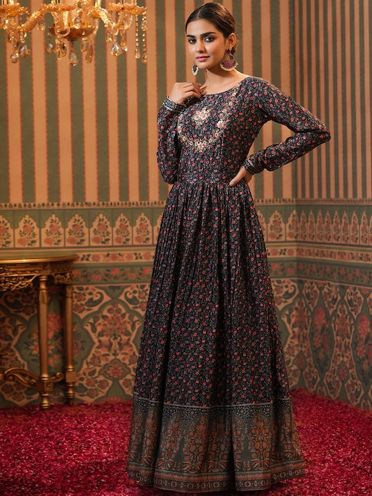 Scakhi Women Black Floral Printed Anarkali Silk Kurta