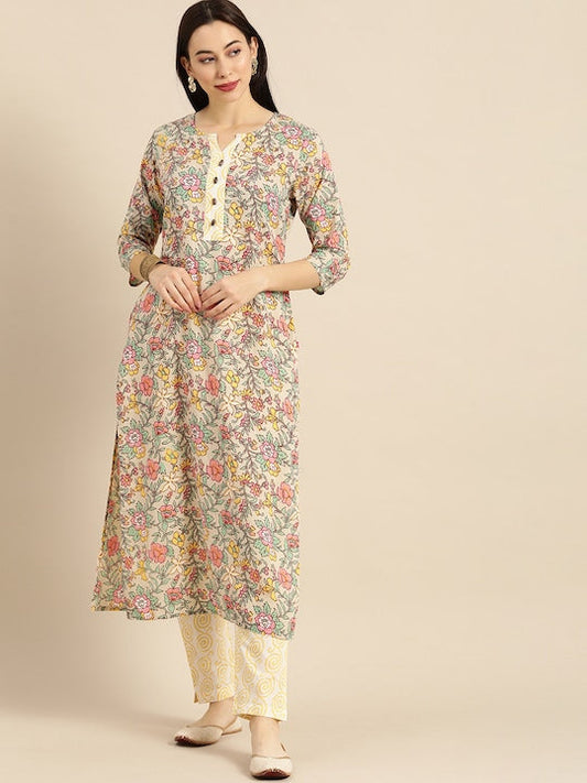 Varanga Women Sea Green & Mustard Yellow Printed Kurta with Trousers