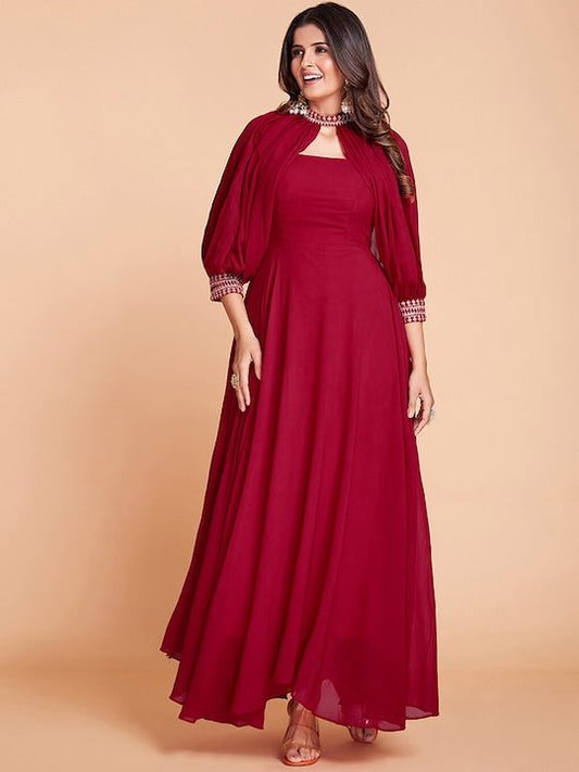 Fusionic Georgette Maxi Length Flared Gown With Add On Sleeves Ethnic Dresses