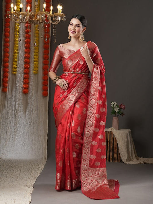 Saree mall Red & Gold-Toned Woven Design Organza Bagh Sarees