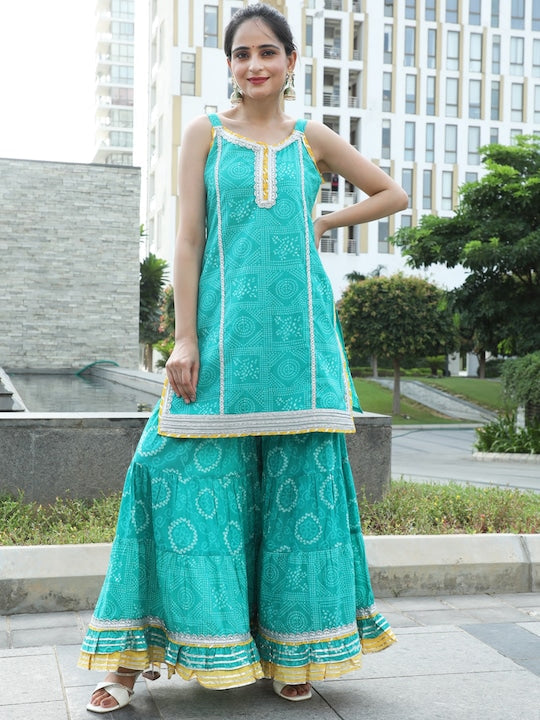 AKS Couture Ethnic Motif Printed Pure Cotton Kurta & Sharara With Jacket & potli Bag