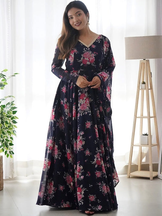 Fusionic Floral Printed V-Neck Gown Ethnic Dresses With Dupatta