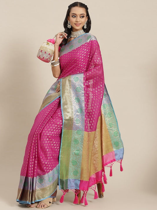 Silk Land Pink Ethnic Motifs Zari Art Silk Kanjeevaram Saree