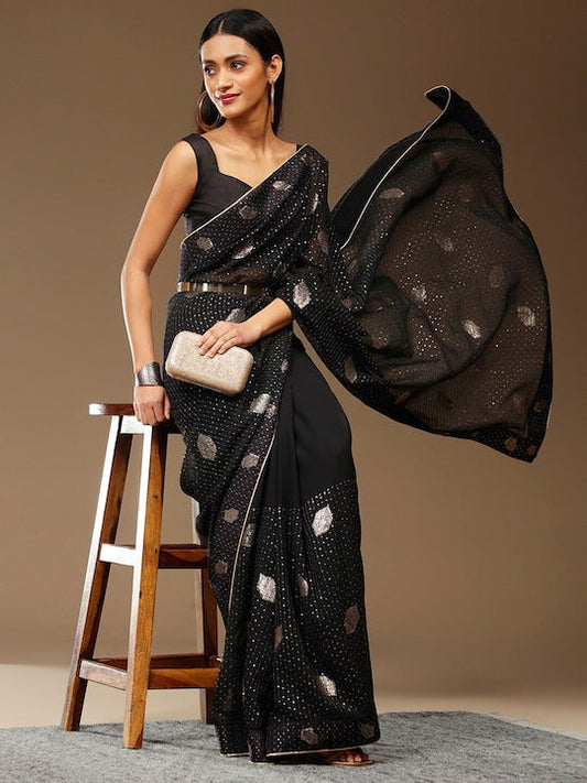 Sangria Black Embellished Pure Georgette Saree