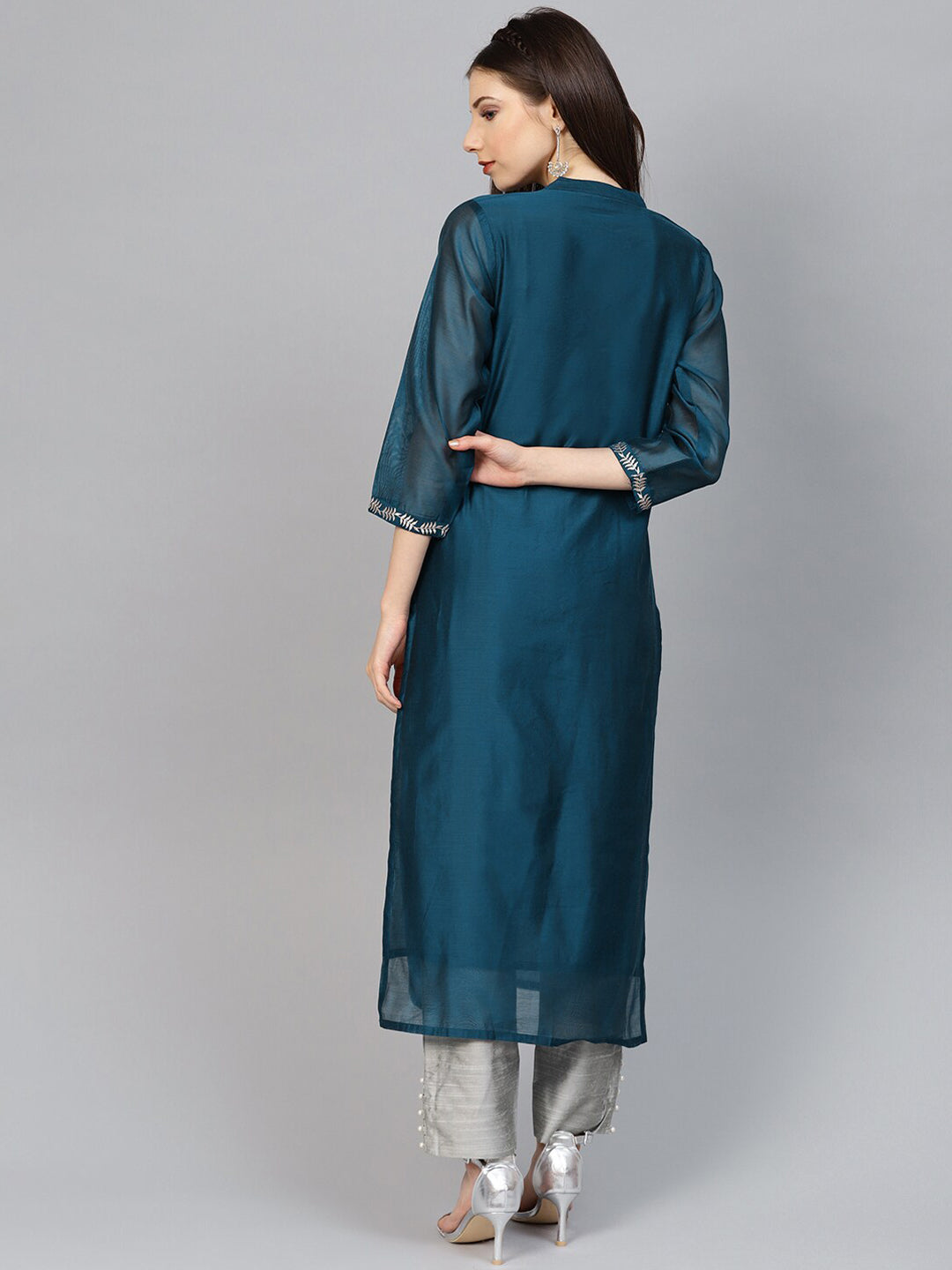 Varanga Women Navy Blue & Grey Ethnic Motifs Embroidered Handloom Kurta with Palazzos