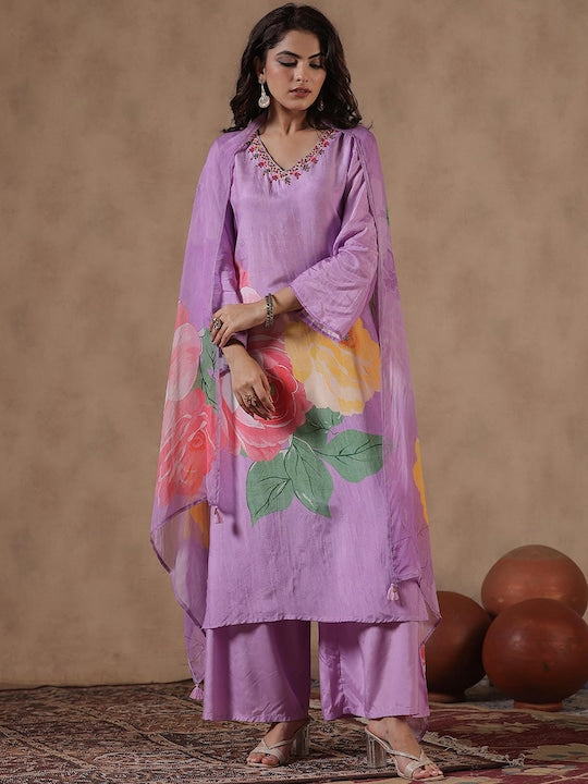 Scakhi Floral Printed Thread Work Straight Kurta With Sharara & Dupatta