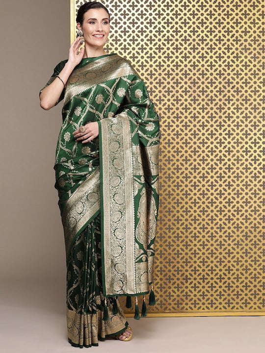 House of Pataudi Floral Zari Silk Blend Banarasi Saree